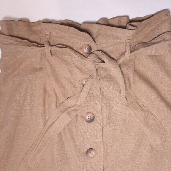 3/$20 TOPSHOP Linen Buttoned Paperbag Mini Skirt Tan Khaki Belted - Picture 2 of 7